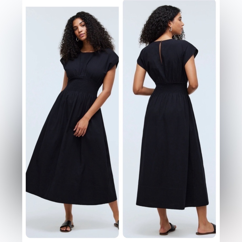 Madewell Smocked Waist Midi Dress Stripe Seersucker Linen Blend Black XS NWT - Picture 13 of 13